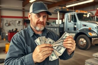 Autómentő sofőr a garázsban pénzt számol