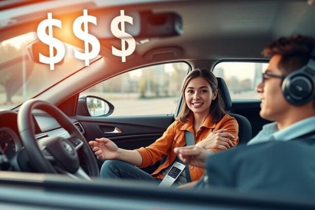 Autósoktató tanuló és oktató az autóban, pénz szimbólum a háttérben
