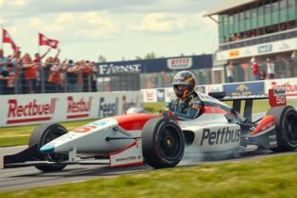 Autóversenyző versenyautóval, közönséggel a háttérben