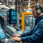 Automatikai technikus munkahelyi környezetben, monitor előtt ülve.