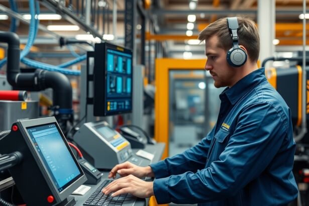 Automatikai technikus munkahelyi környezetben, monitor előtt ülve.