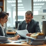 Banki ügyintézők a munkahelyükön, dokumentumokkal dolgoznak.