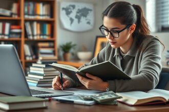 Diáklány szakdolgozatot ír könyvek és laptop segítségével.