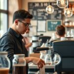 Barista a kávézóban, kávéfőző gépnél dolgozik.