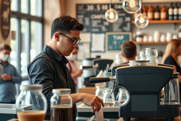 Barista a kávézóban, kávéfőző gépnél dolgozik.