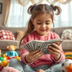 Gyermek pénzt számol játék közben bébiszitterkedés témában.