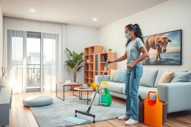 Bejárónő takarítja a nappalit maszkban, tisztítószerekkel.