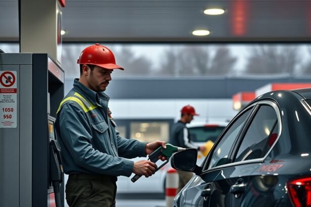 Benzinkutas üzemanyagot tölt egy autóba a benzinkúton.