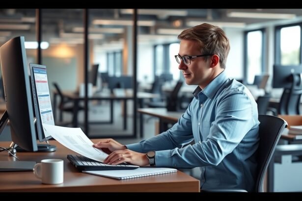 Bérszámfejtő dolgozik egy modern irodában számítógép előtt.