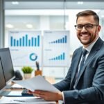 Beszerzési vezető dolgozik az irodában, háttérben grafikonokkal.