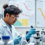 Biológus laborban, mikroszkóppal és kutatási anyagokkal dolgozik.