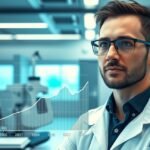 Fiatal biomérnök laboratóriumban, háttérben árdiagrammal.