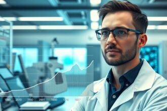 Fiatal biomérnök laboratóriumban, háttérben árdiagrammal.