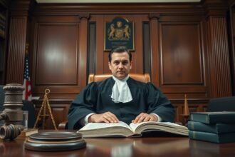 Bíró az irodájában, jogi könyvek és kalapács mellett ülve.