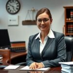 Bírósági titkár munkakörnyezetben, asztalnál ülve, számítógéppel.
