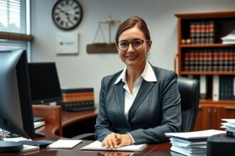 Bírósági titkár munkakörnyezetben, asztalnál ülve, számítógéppel.