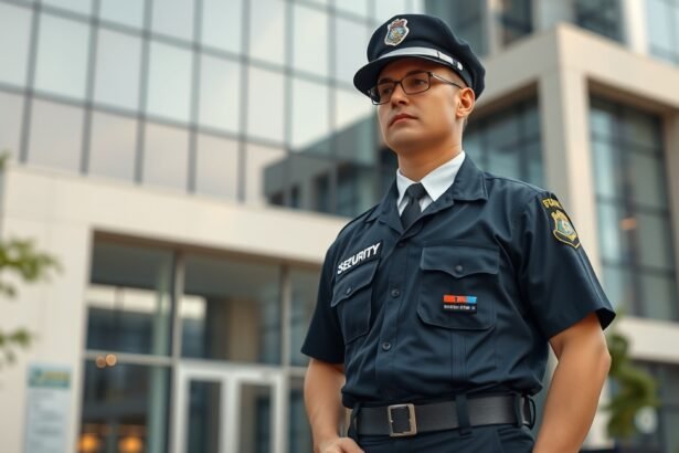 Biztonsági őr egy modern irodaház előtt