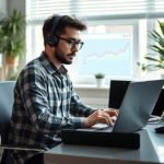 Blogger dolgozik otthoni irodában, laptop előtt.