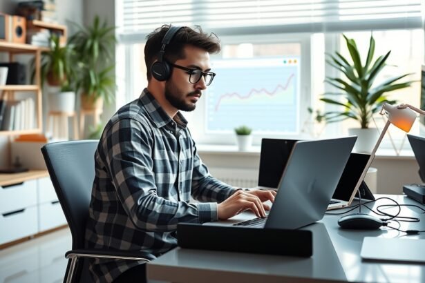 Blogger dolgozik otthoni irodában, laptop előtt.