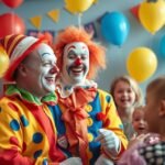 Bohócok szórakoztatják a gyerekeket egy születésnapi bulin