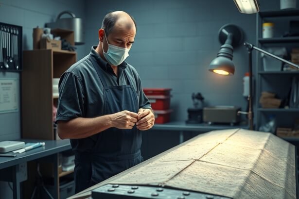 Boncmester munka közben egy boncolóasztal mellett