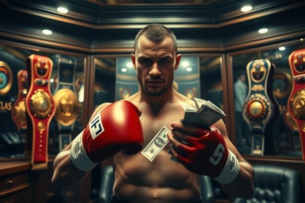 Boxoló pénzzel és bajnoki övekkel a háttérben.