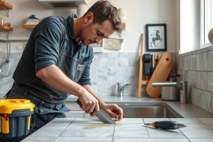 Férfi burkoló munka közben egy konyhában