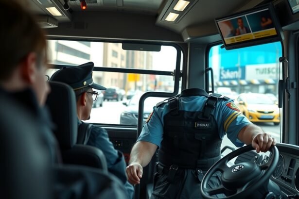 Buszsofőr ül a volánnál, városi forgalomban.