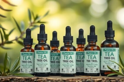 Üveg teafaolaj palackok természetes háttérrel