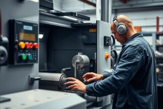 CNC-esztergályos munka közben CNC gépen