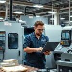 CNC-gépkezelő munka az üzemben, laptopon dolgozik.