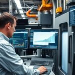 CNC-programozó munka közben, számítógépeken adatokat elemezve.