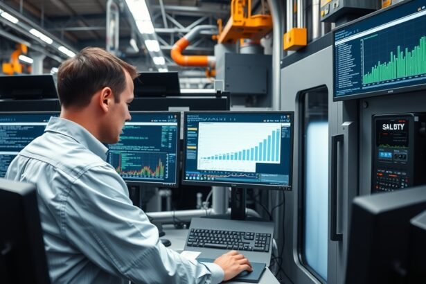 CNC-programozó munka közben, számítógépeken adatokat elemezve.