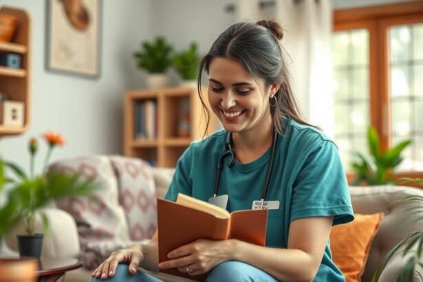 Családsegítő nő olvas egy könyvet otthon, barátságos környezetben.