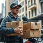 Csomagfutár fuvarozás közben városi környezetben.