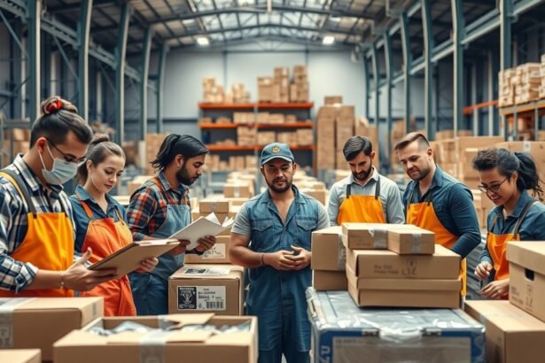 Csoport csomagoló dolgozó egy raktárban, munkafolyamat közben