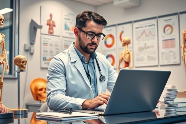 Csontkovács számítógépen dolgozik rendelőjében.