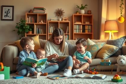 Dadus és gyermekek közös olvasása és játék a nappaliban