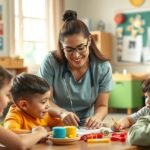 Dajka gyermekekkel játszik egy óvodai környezetben.