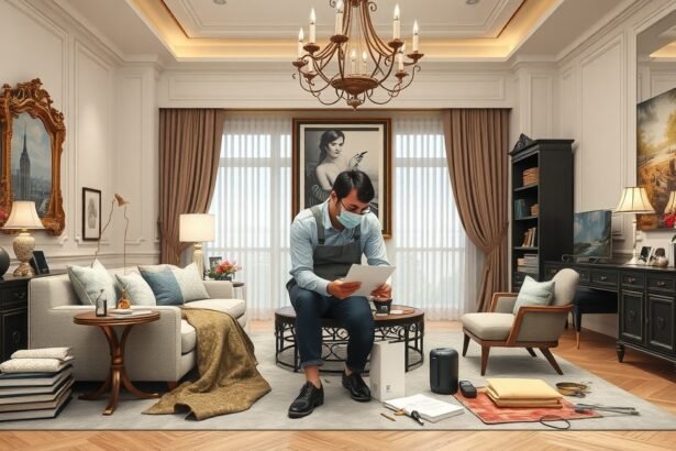 Dekorátor munka közben, otthoni dekorációs projekten.