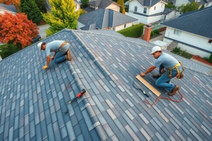 Két tetőfedő, akik új cserépfedést készítenek egy házon.