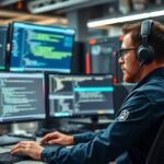 DevOps engineer munka közben több monitor előtt, programozás