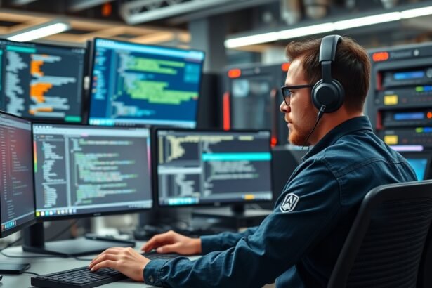 DevOps engineer munka közben több monitor előtt, programozás