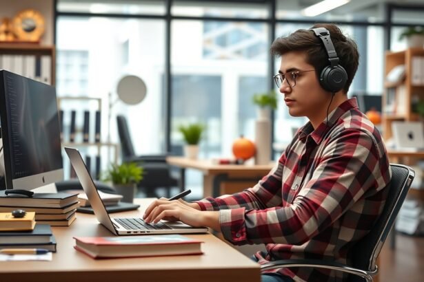 Diákmunkás fiatal a számítógép előtt dolgozik órában