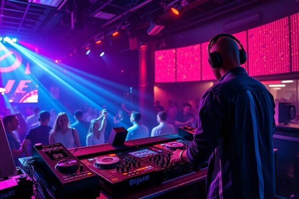 DJ a pult mögött egy szórakozóhelyen, fényshow-val