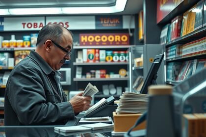 Dohánybolt eladó pénztárral és termékekkel