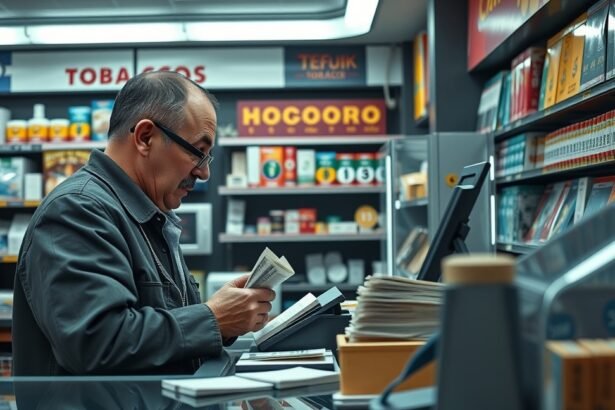 Dohánybolt eladó pénztárral és termékekkel