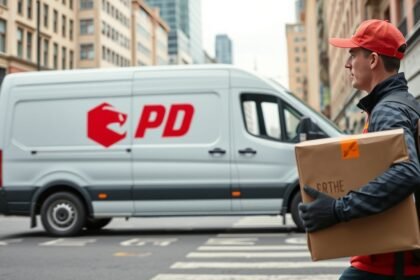 DPD futár csomagot szállít városi környezetben