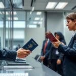 Nő útlevél ügyintézés közben, hivatalos ügyintézők környezetében.