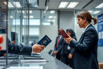 Nő útlevél ügyintézés közben, hivatalos ügyintézők környezetében.